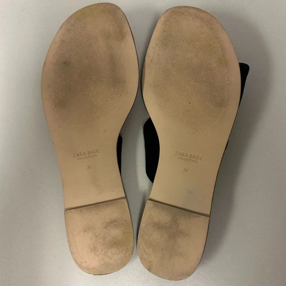 ZARA 38/7-7.5 Black Suede Flat Crossover Straps Knot Flat Slip on Sandals - Picture 11 of 14